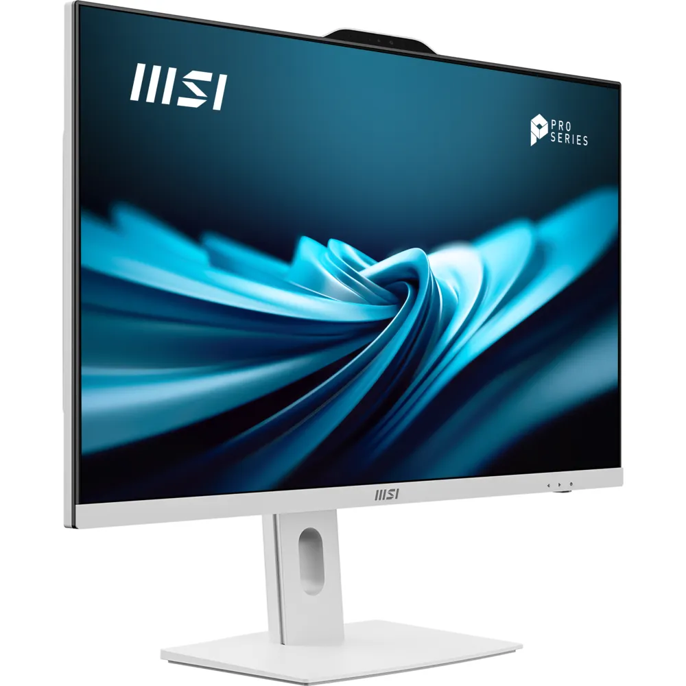 Mavi soyut arka plana sahip beyaz MSI monitör. İnce çerçeveli ve web kameralı.