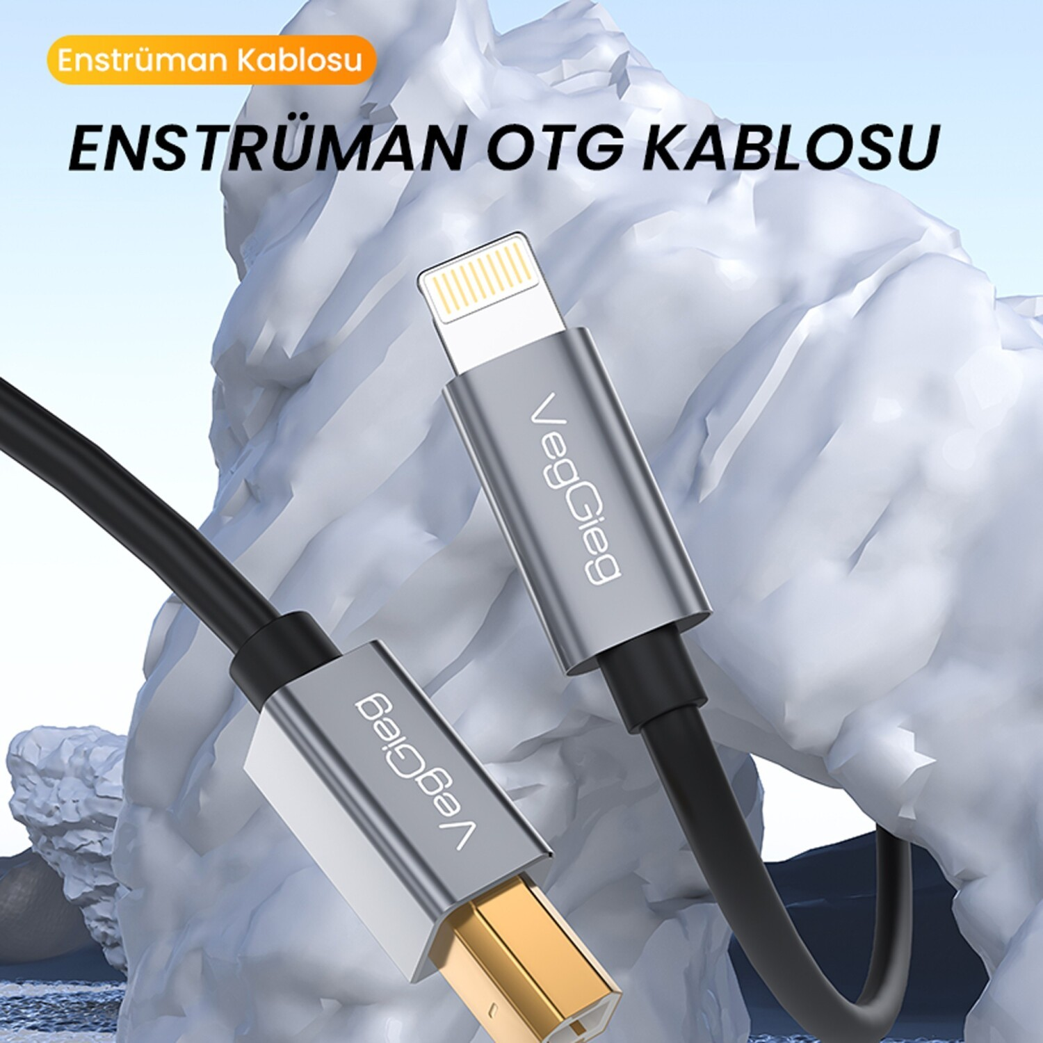 Altın konnektörlü gümüş USB OTG kablosu, buzlu dağların önünde.