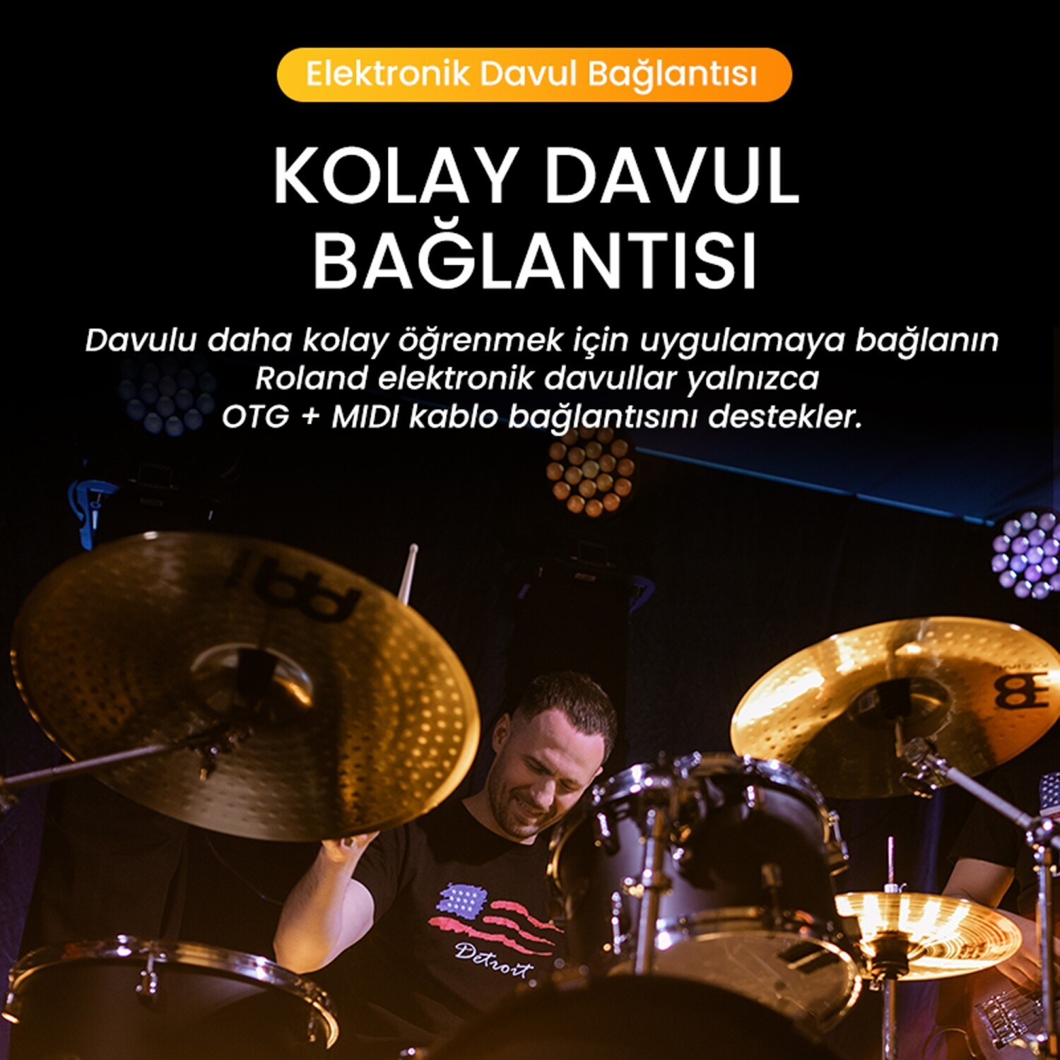 Adam davul çalıyor, elektronik davul bağlantısı hakkında metin.