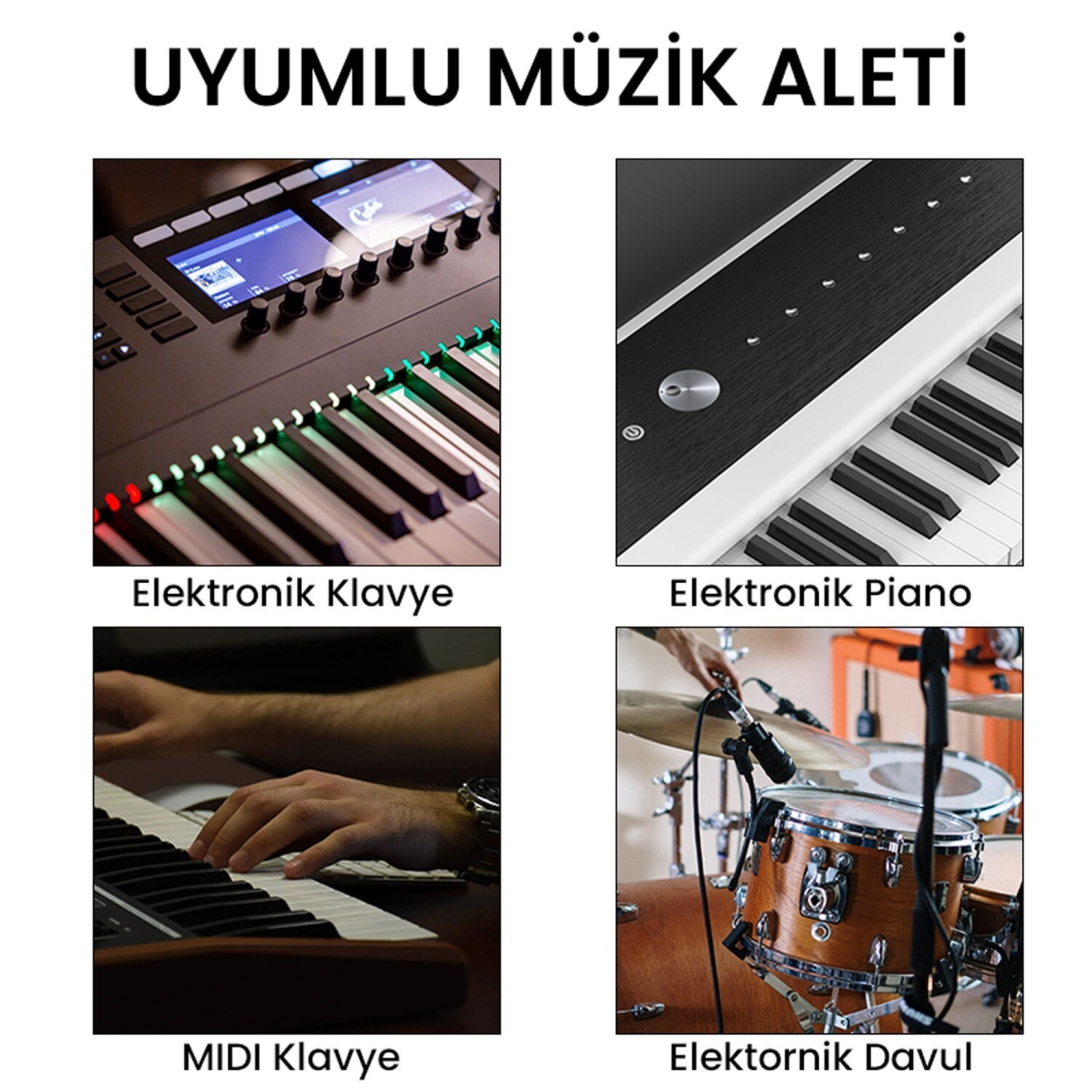 Işıklı tuşlu elektronik klavye, dijital piyano, klavye çalan eller, davul seti.