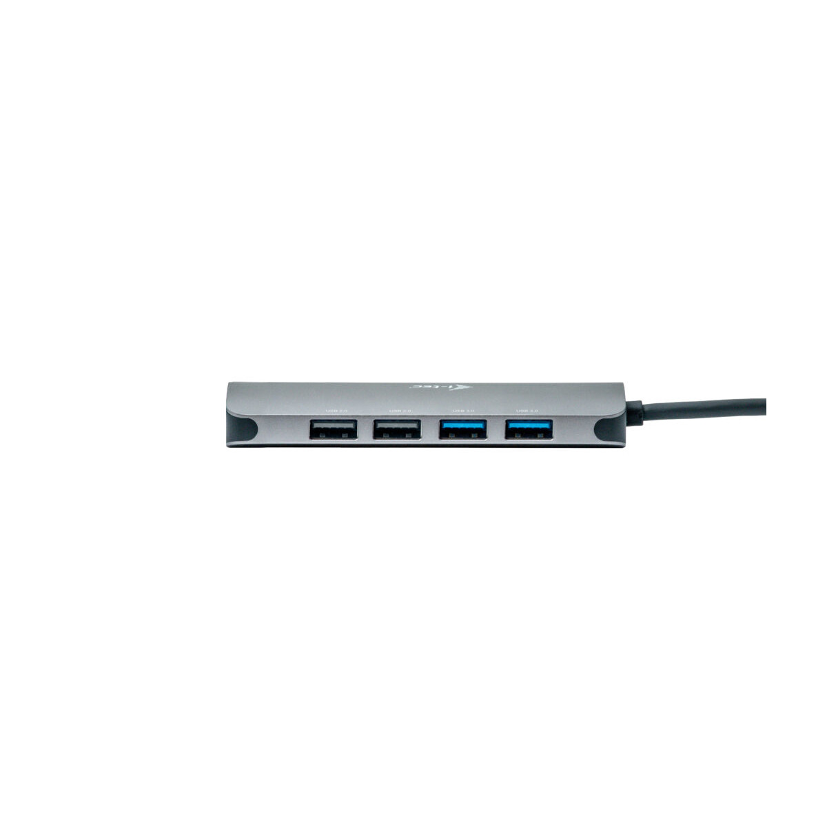 Hub USB grigio a quattro porte con cavo nero.