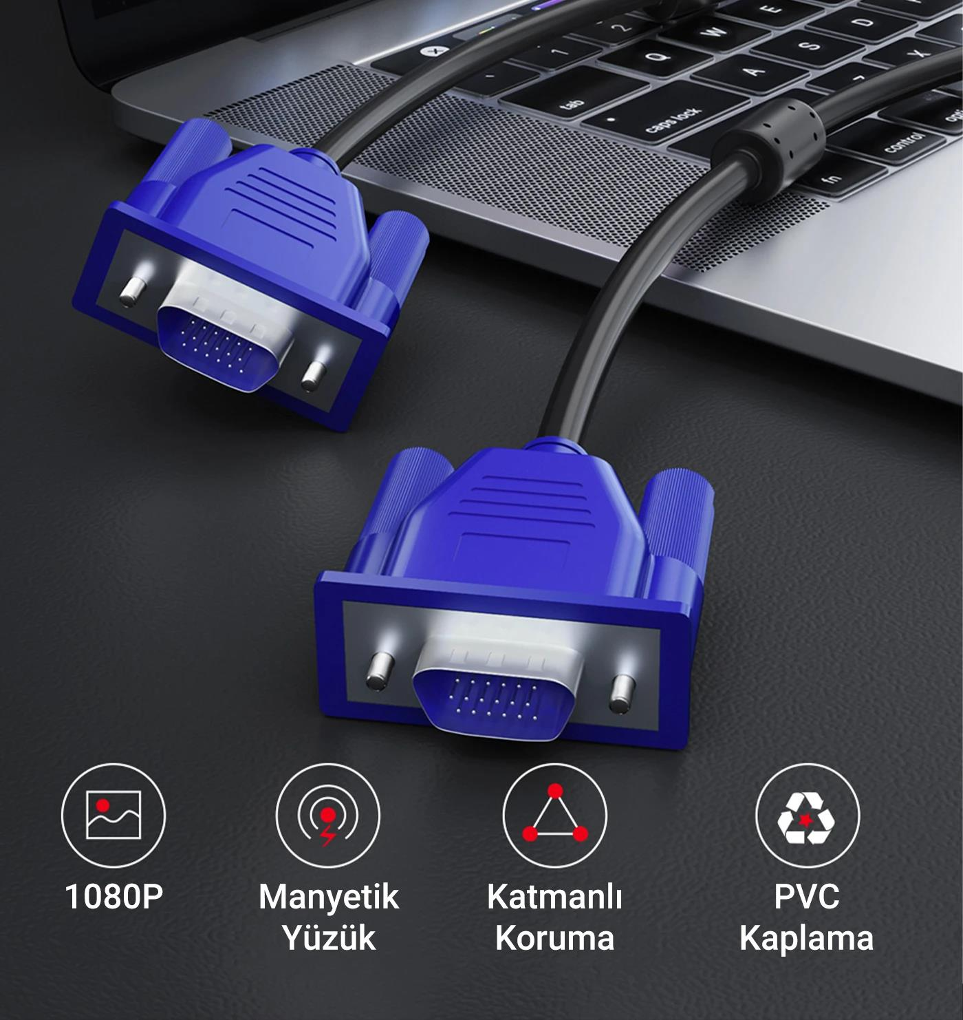 Klavye üzerinde iki mavi VGA kablo konektörü. Alttaki simgeler 1080P, manyetik halka, koruma ve PVC gösterir.