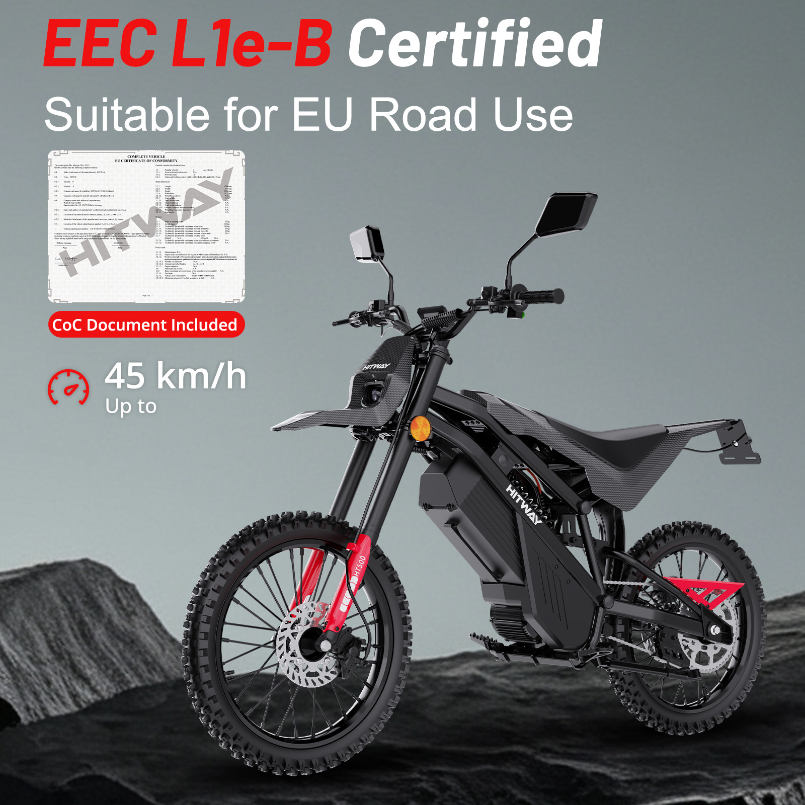Czarny motocykl elektryczny z czerwonymi akcentami stoi na skalistym terenie.