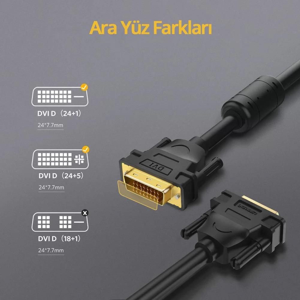 Farklı konnektörlere sahip DVI kabloları: DVI-D (24+1), DVI-D (24+5), DVI-D (18+1).