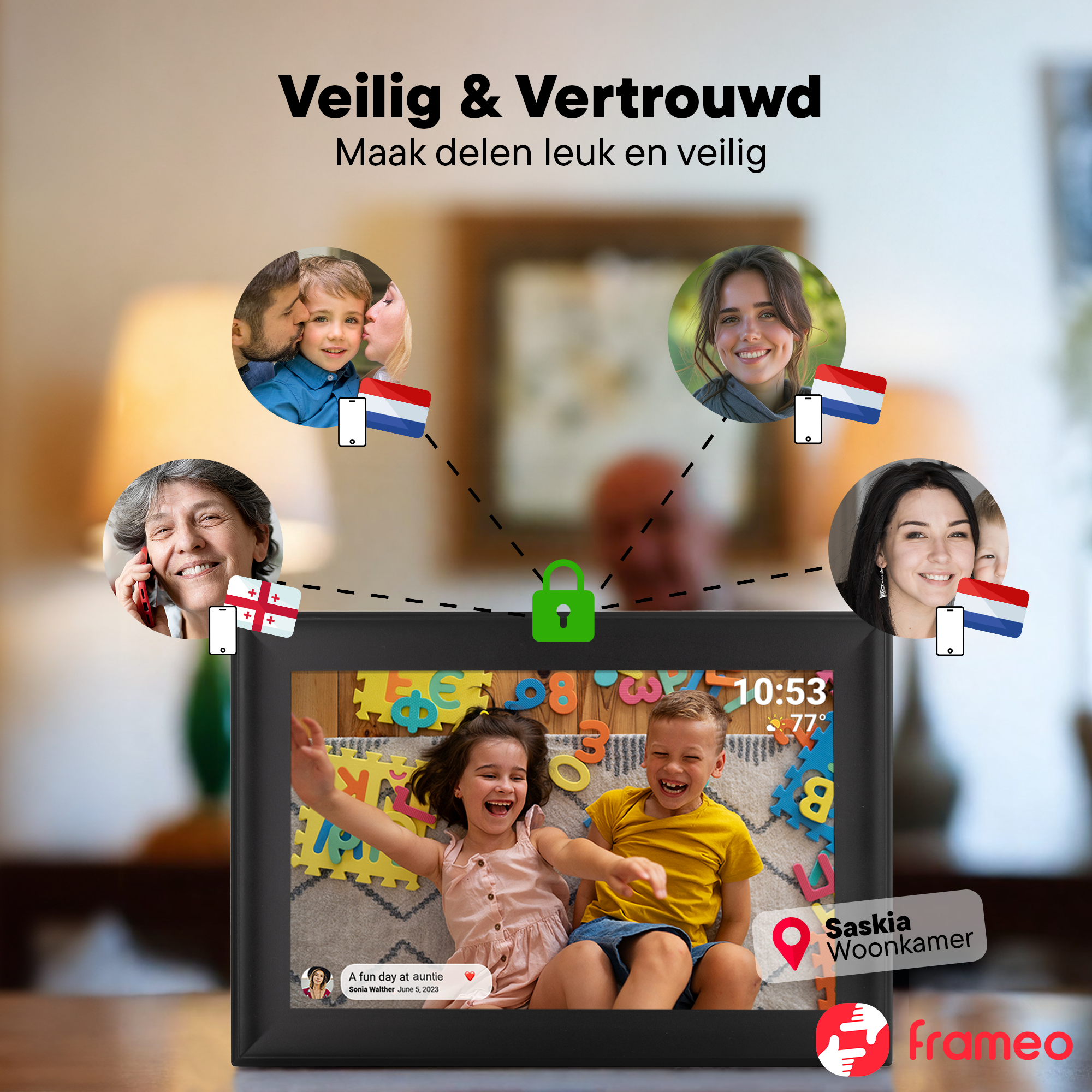 Un marco de fotos digital muestra niños, caras sonrientes y banderas de países.