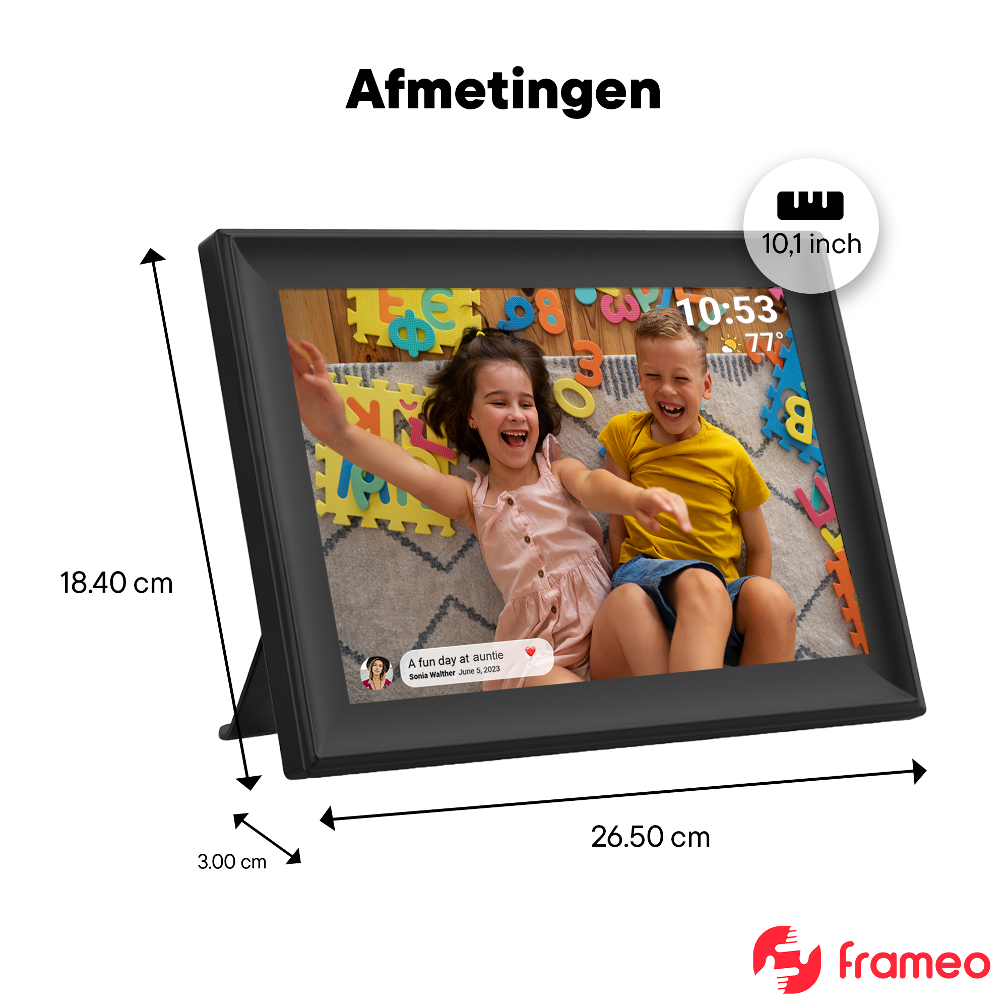 Un marco digital muestra a dos niños felices tumbados en una alfombra con tapetes alfabéticos. Pantalla de 10,1 pulgadas.