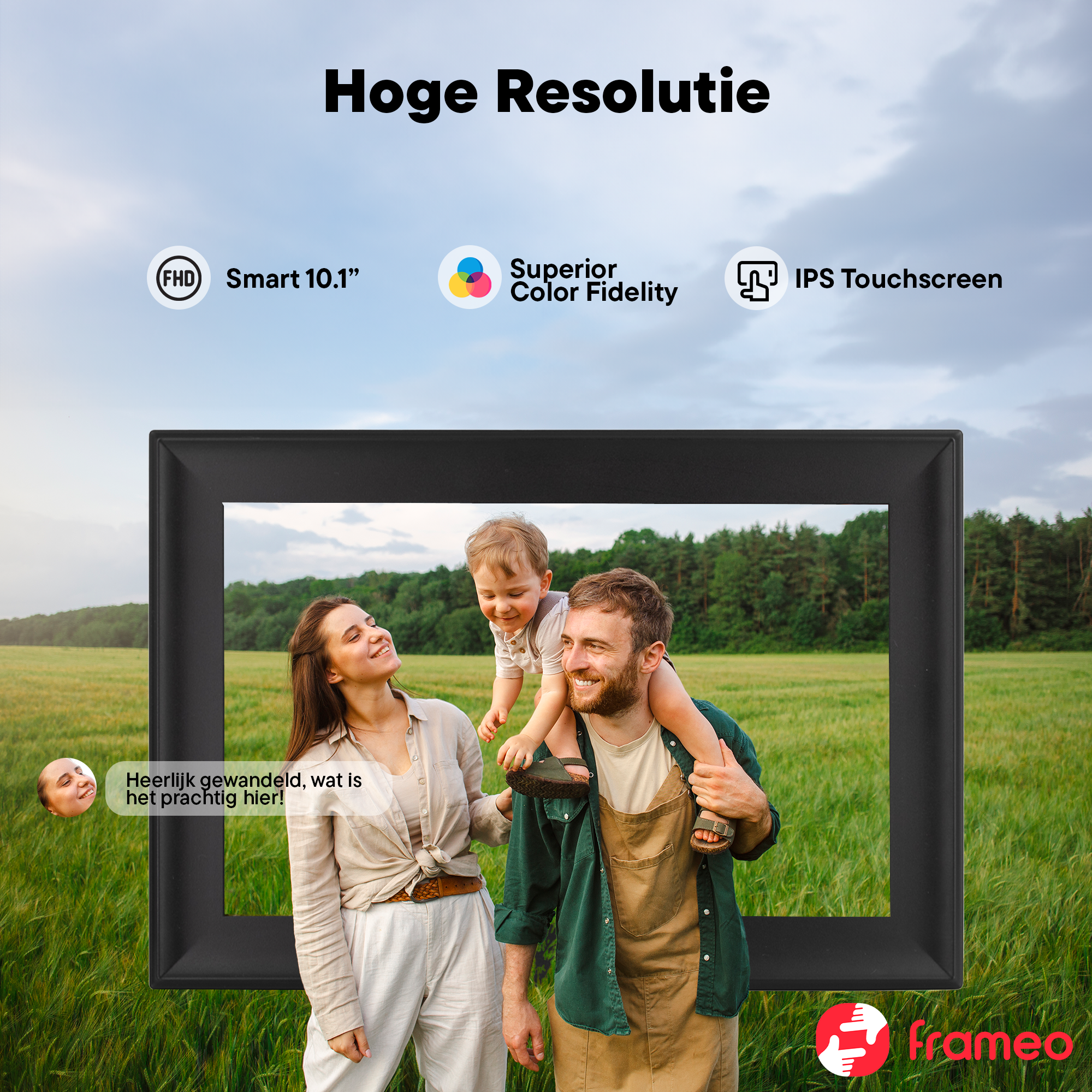 Family outdoors, high resolution digital photo frame, 10.1 inch, IPS touchscreen.