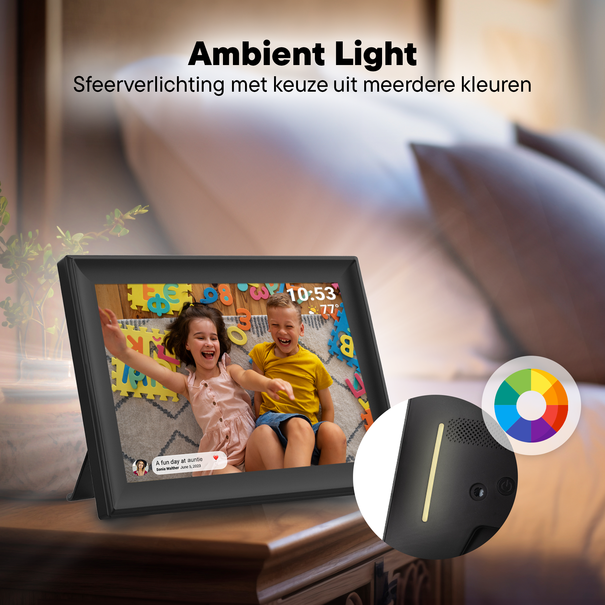 Digital frame shows kids, time, weather. Color wheel for ambient light.