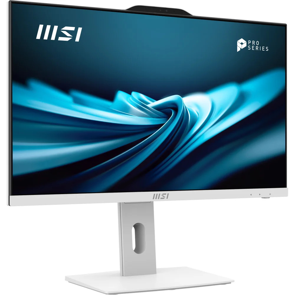 Ekranında stilize edilmiş mavi arka planı gösteren modern bir MSI monitörü.