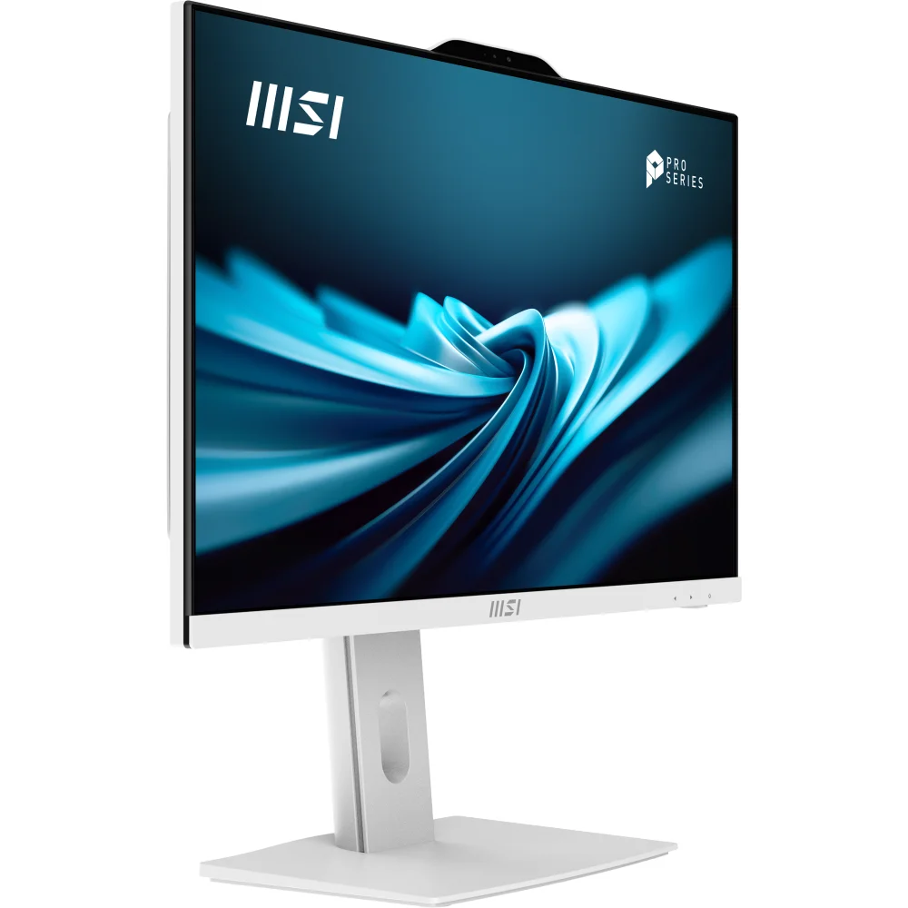 Mavi soyut duvar kağıdı ile beyaz bir MSI Pro Series hepsi bir arada bilgisayar.