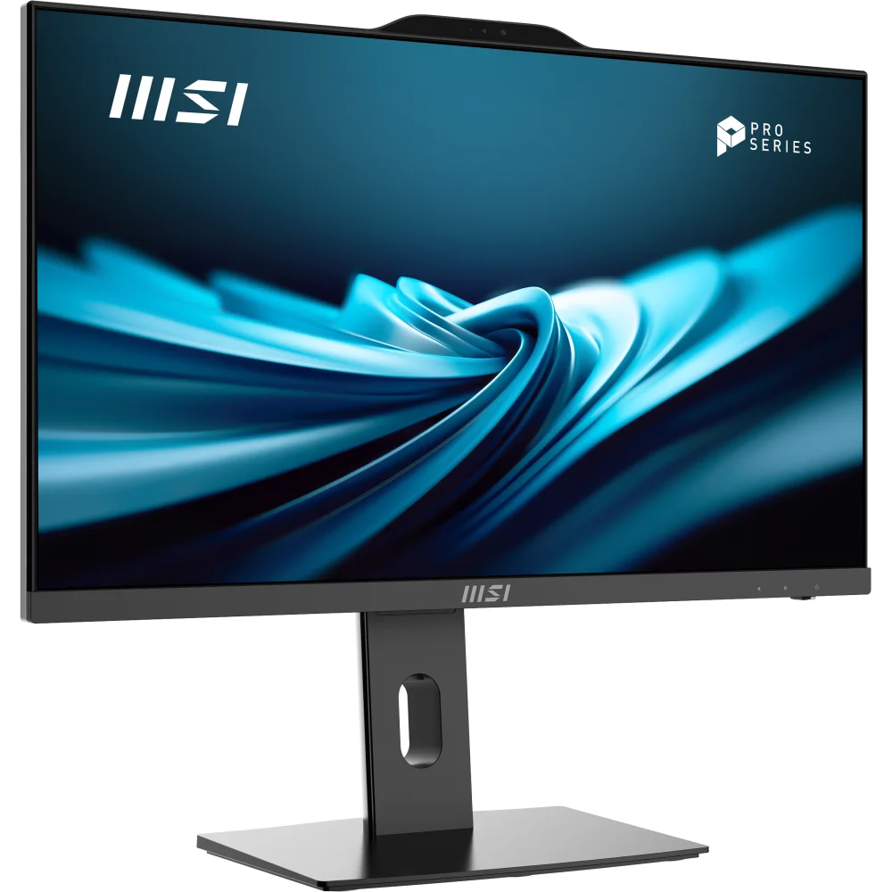 MSI Pro Series monitör, siyah stant ve soyut mavi ekran grafiği.