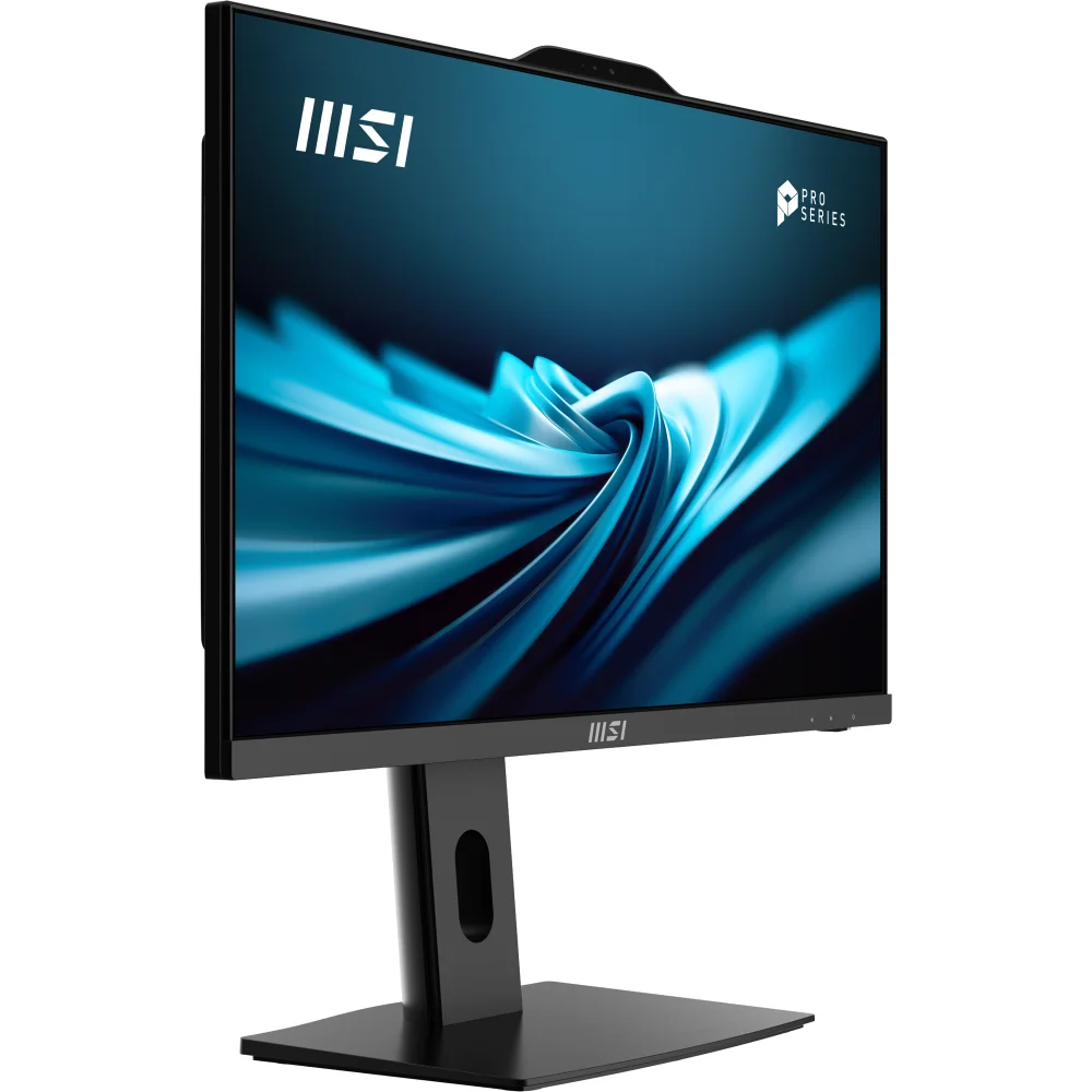 Gümüş MSI logosu ve mavi soyut arka planı olan siyah bir MSI monitör.