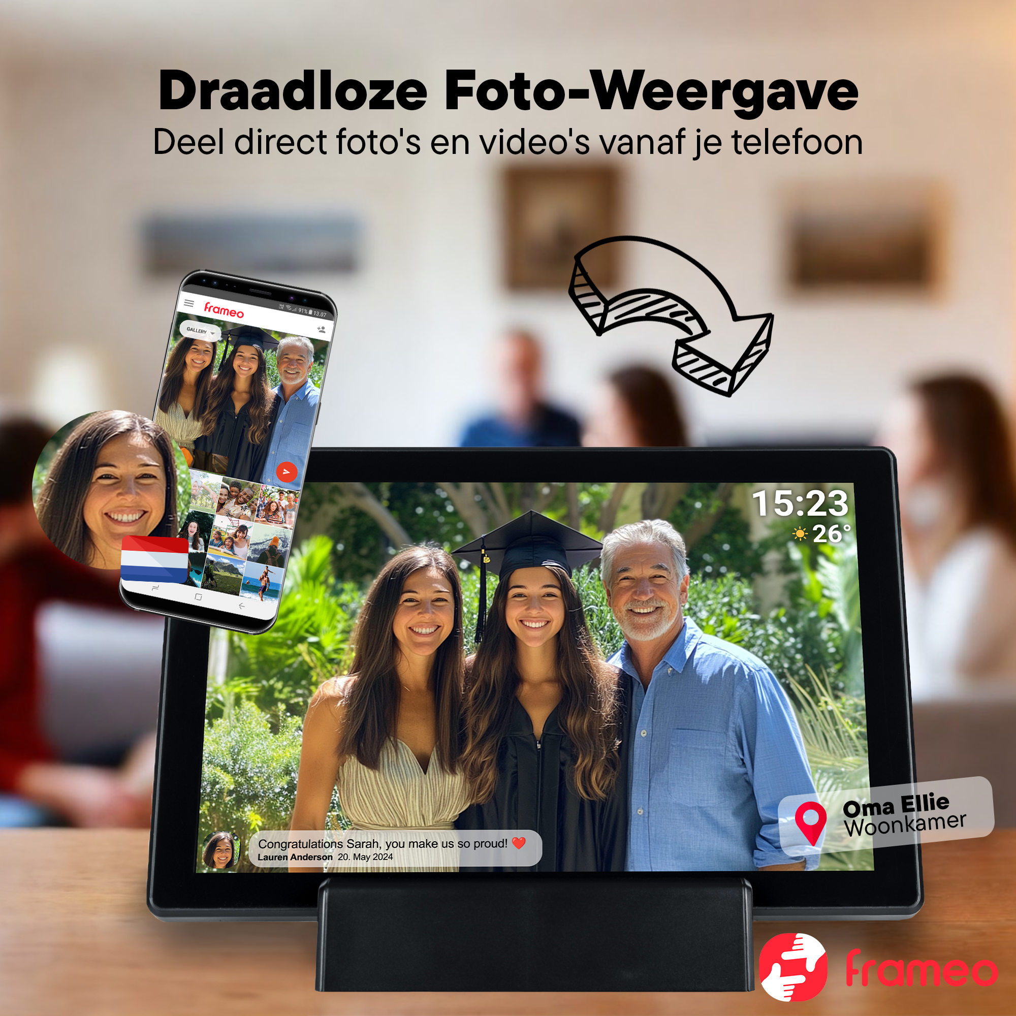 A tablet displays a family photo, with a phone showing a gallery view.