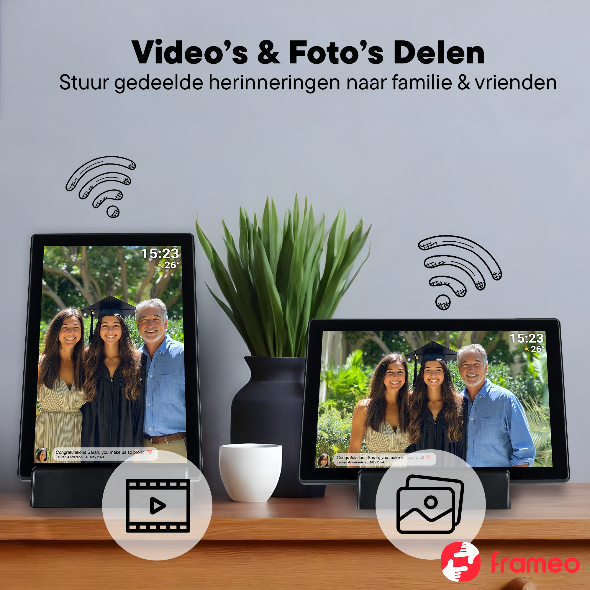 Two tablets display a family. One tablet shows a video icon, the other a photo icon.