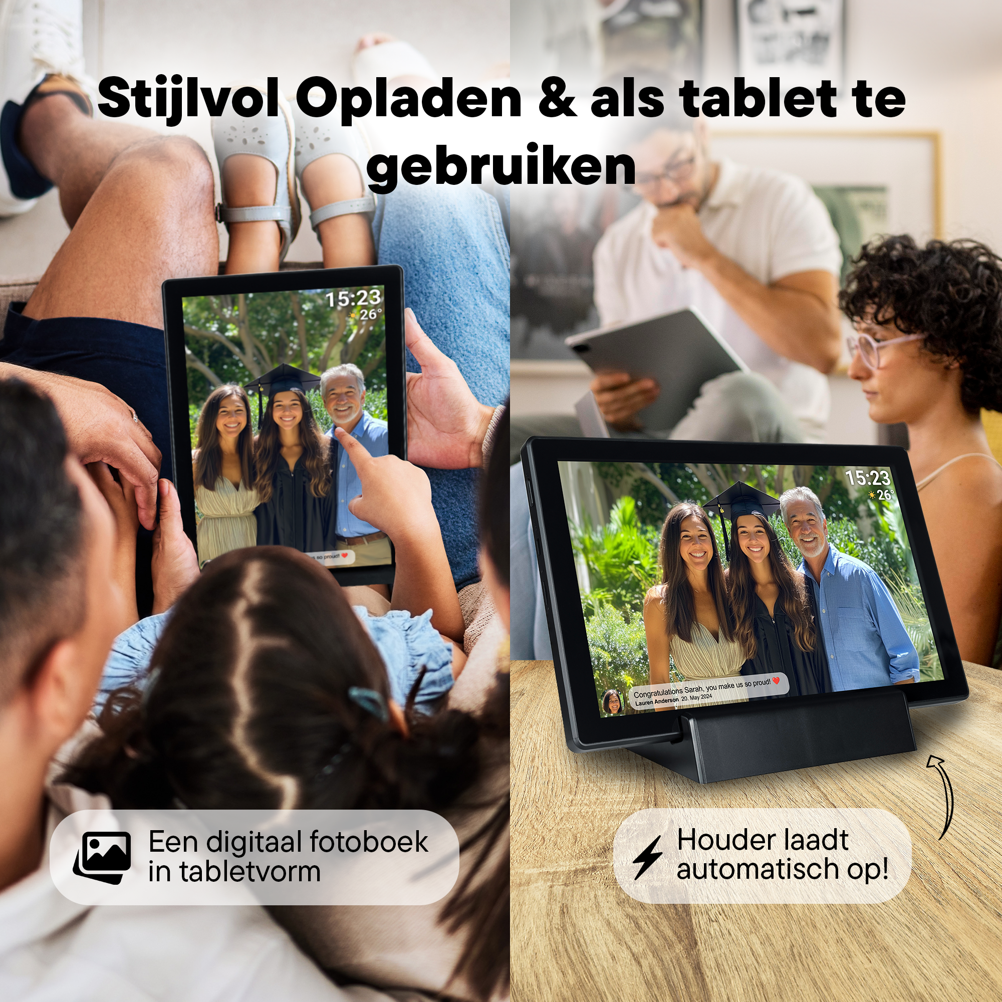 Family looking at a photo on a tablet displayed on a stand.