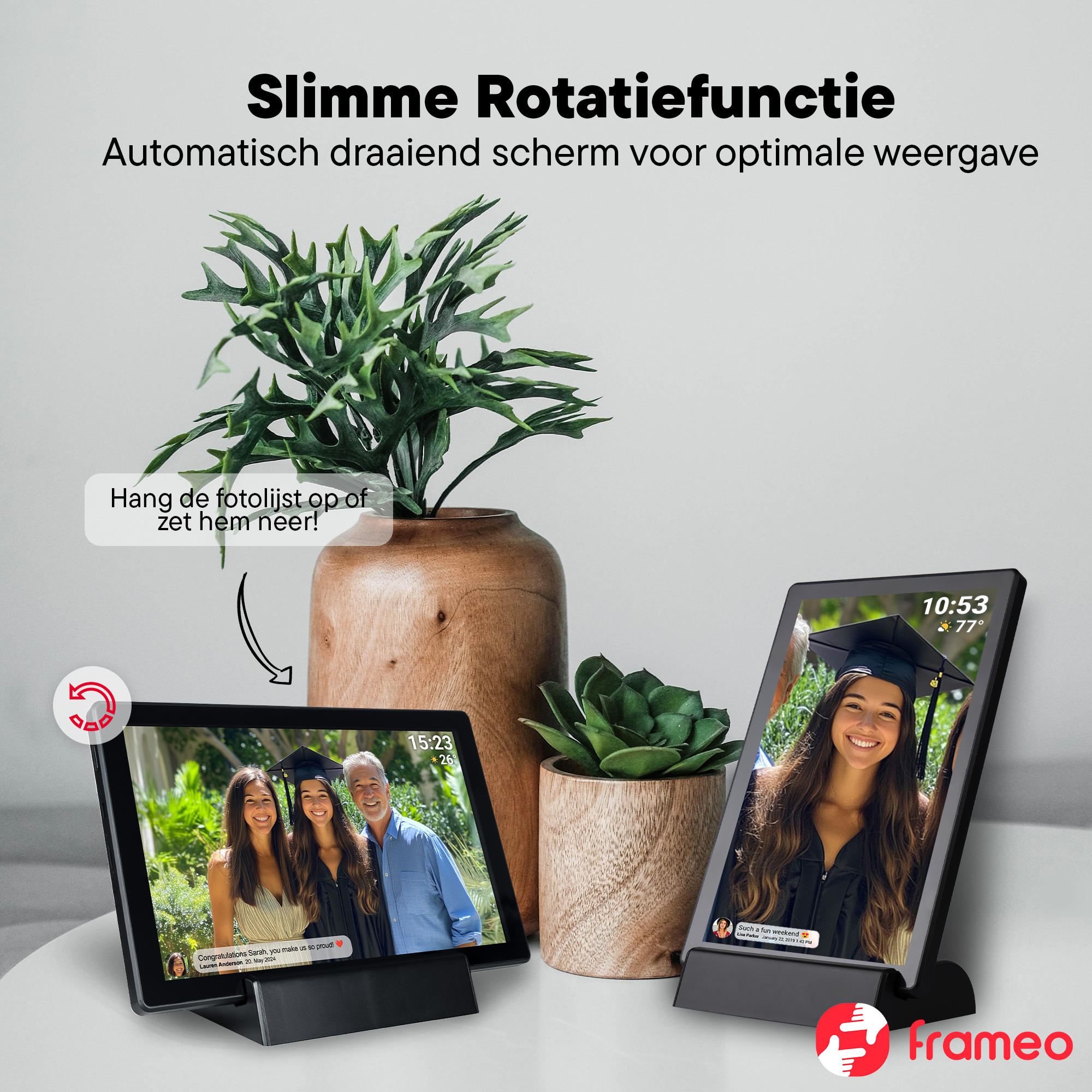 Two digital photo frames display graduation photos, with plants nearby.