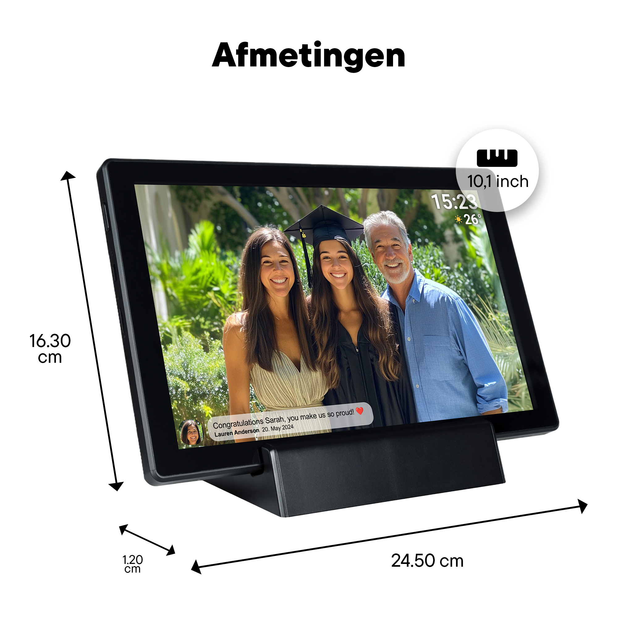 Digital photo frame displaying a family photo and dimensions.