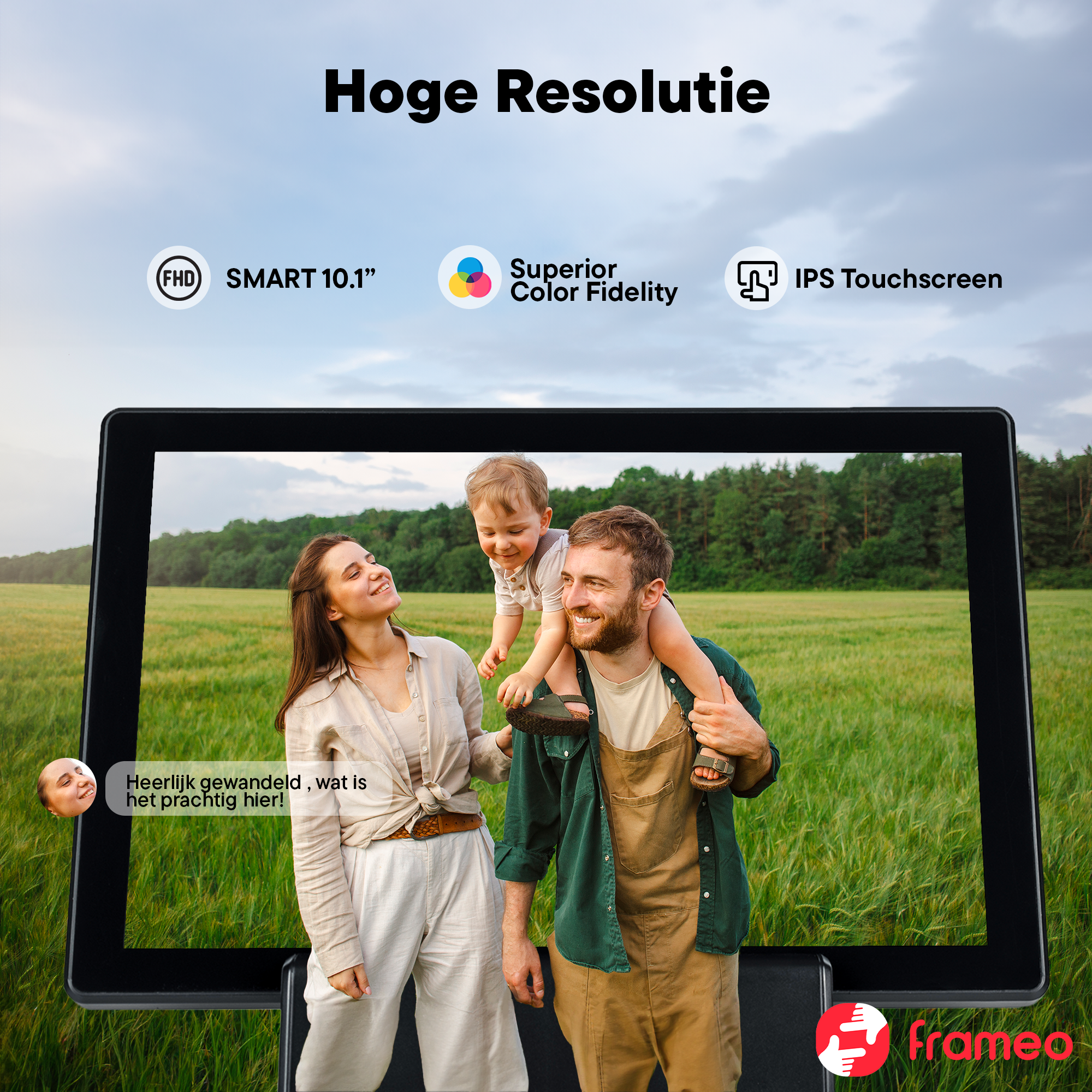Family in a green field displayed on a 10.1" FHD IPS touchscreen with high resolution.