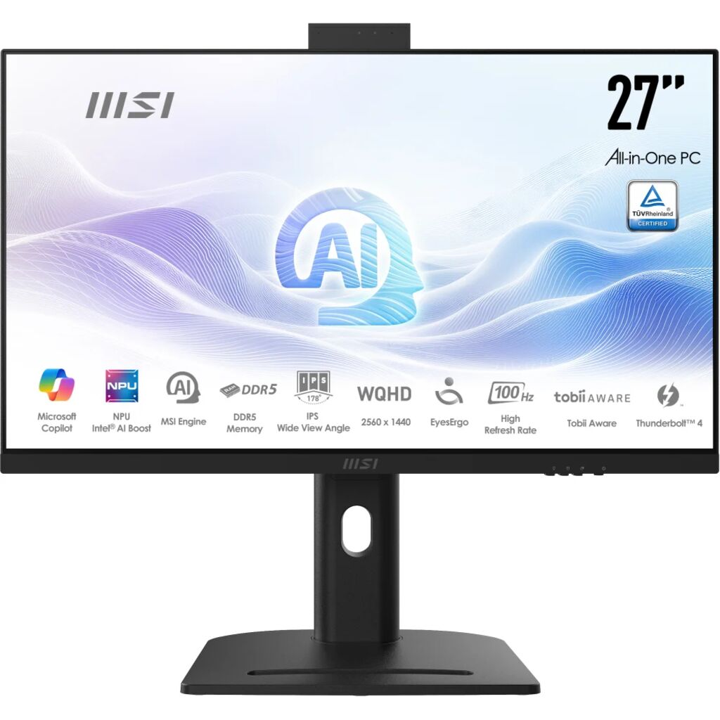 Yapay zeka logosu ve teknik özelliklere sahip siyah MSI 27 inç Hepsi Bir Arada PC.