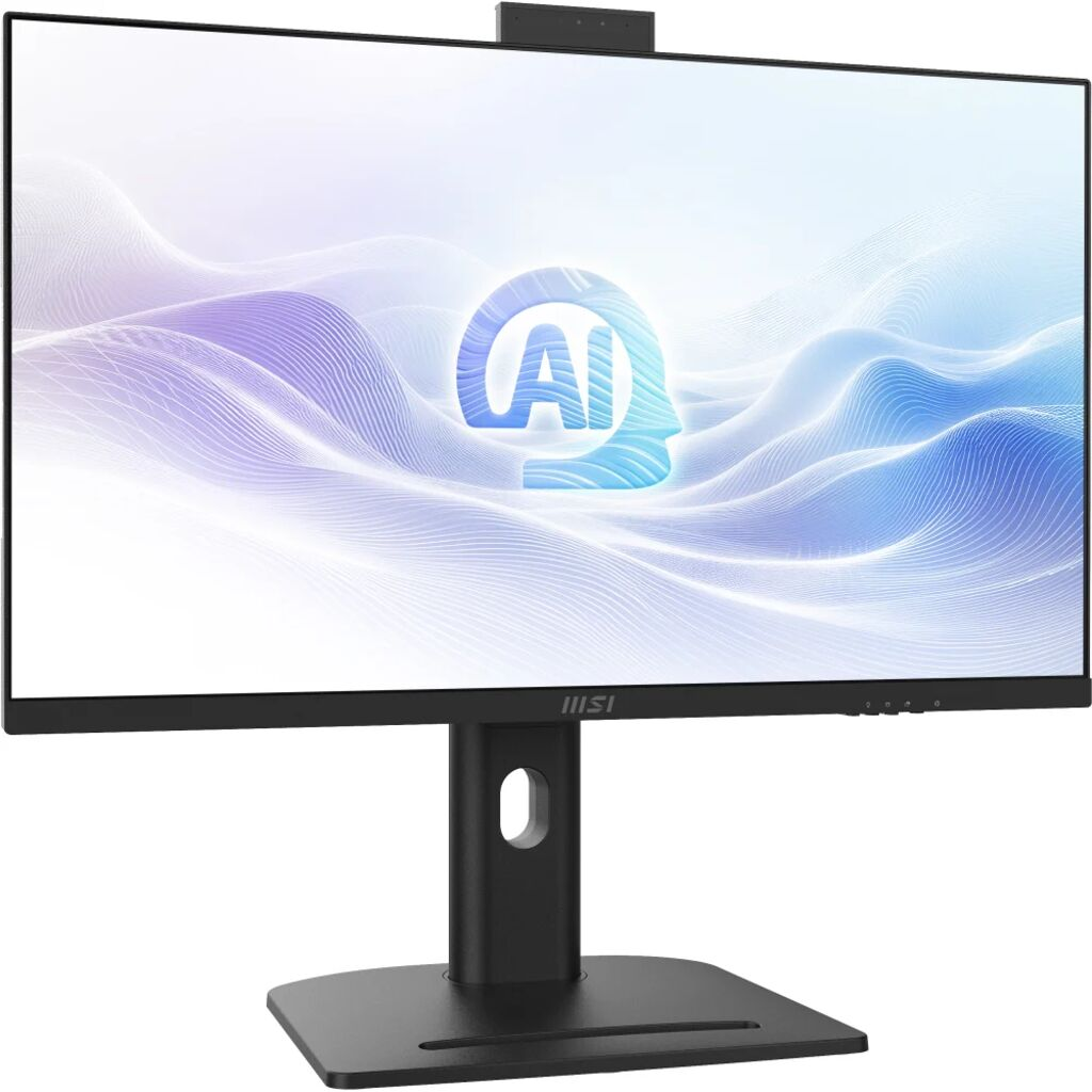 Siyah bir monitör, stilize edilmiş dalgalı arka plan grafiğiyle bir yapay zeka logosu gösteriyor.