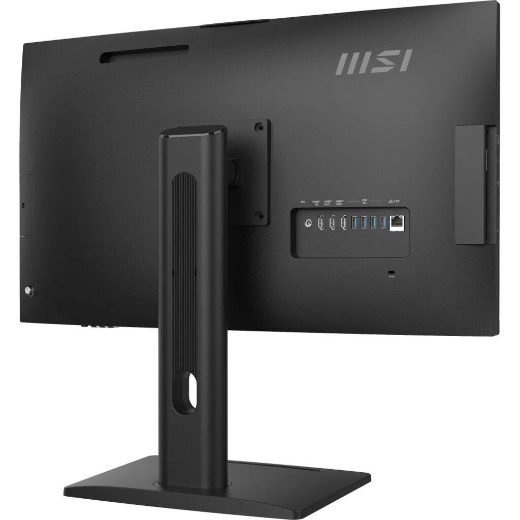 Bağlantı noktalarını ve MSI logosunu gösteren siyah bir hepsi bir arada bilgisayarın arka görünümü.