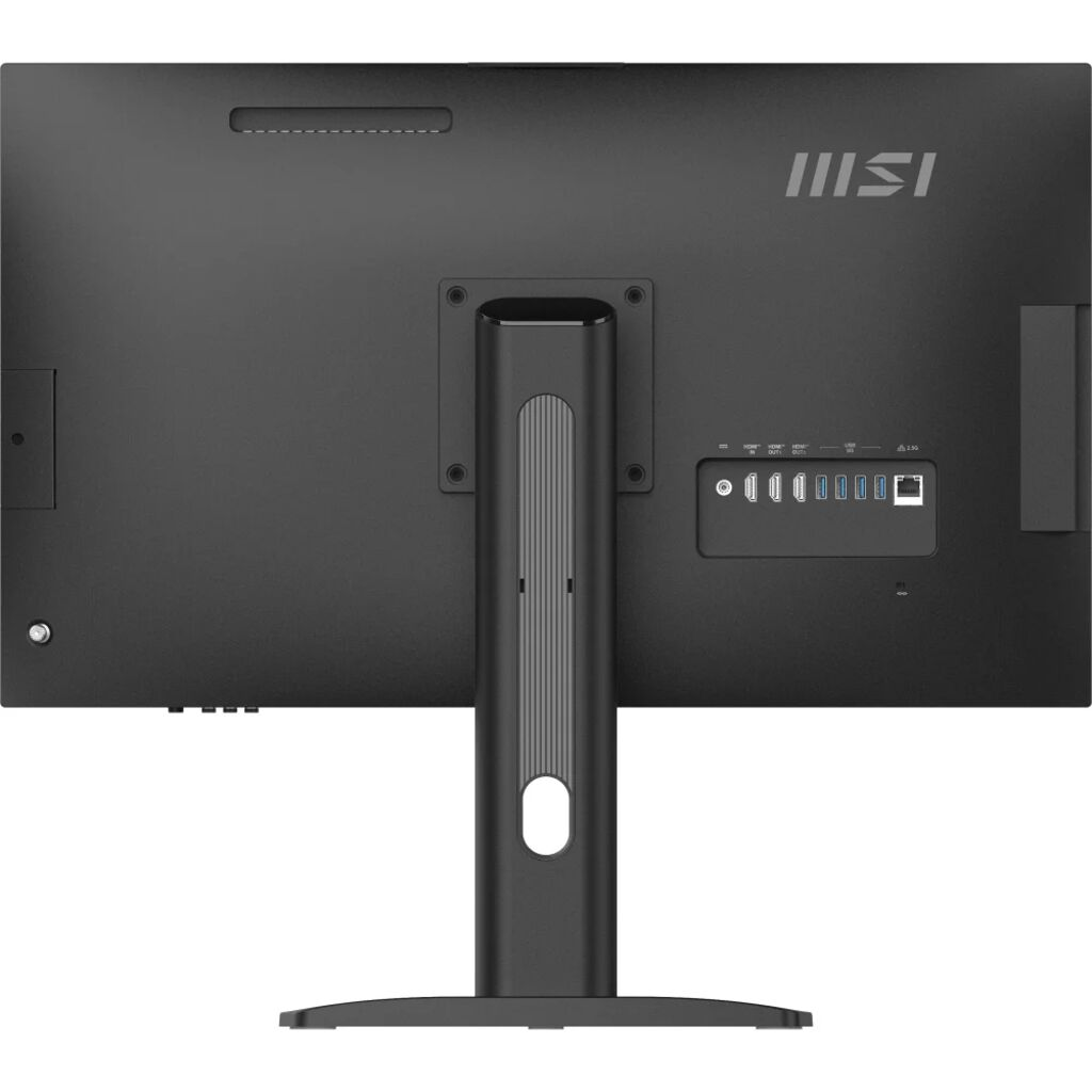 Bağlantı noktaları ve MSI logosunu gösteren siyah hepsi bir arada bilgisayarın arkası.