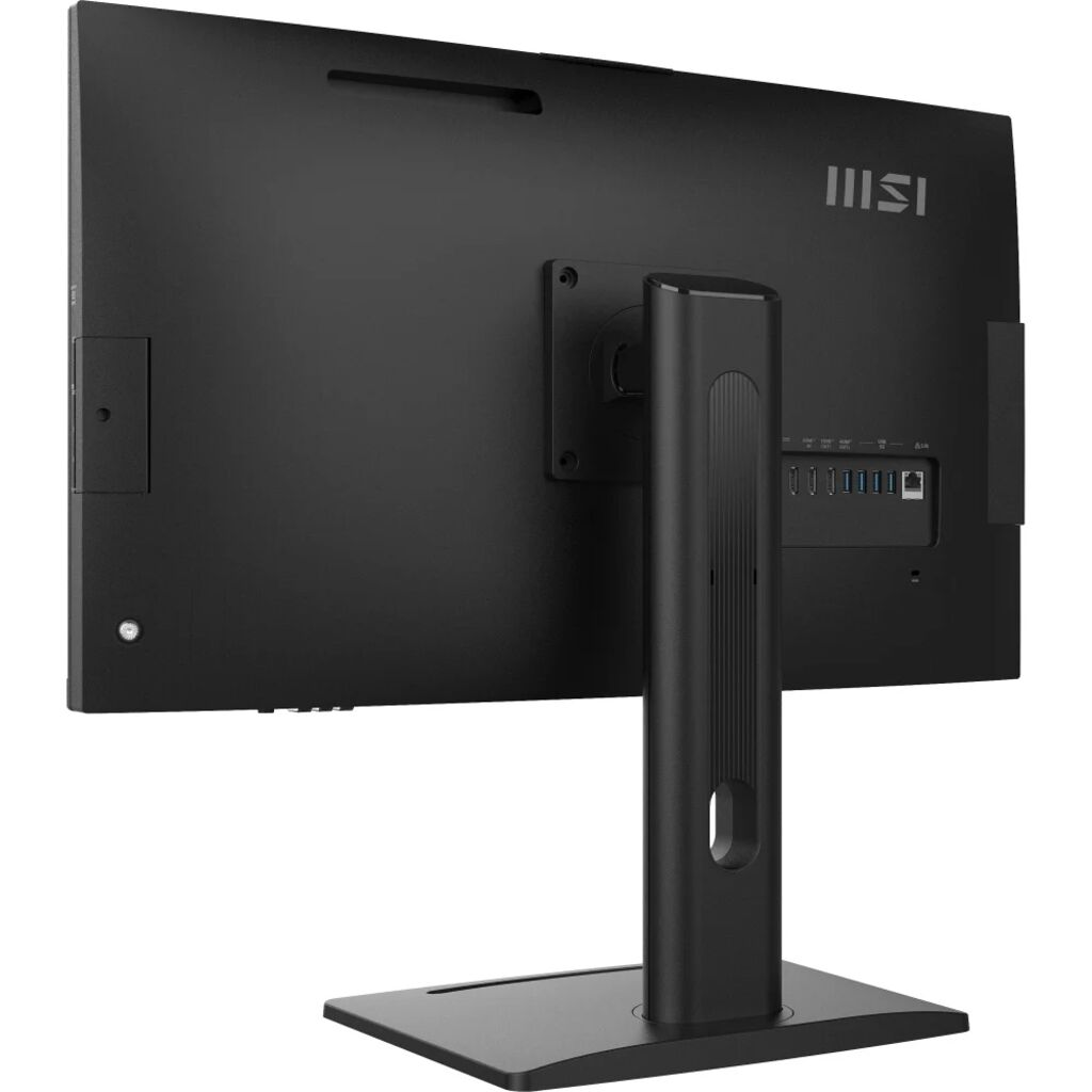Siyah MSI monitörün arkadan görünümü, standı ve bağlantı noktaları.