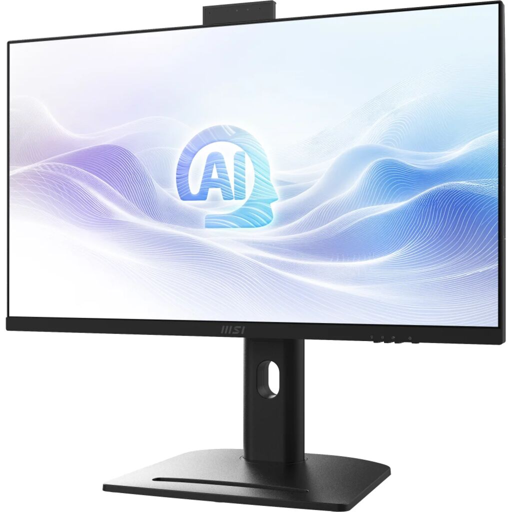 Ekranında yapay zeka simgesi ve üstte kamerası olan modern siyah bir monitör.