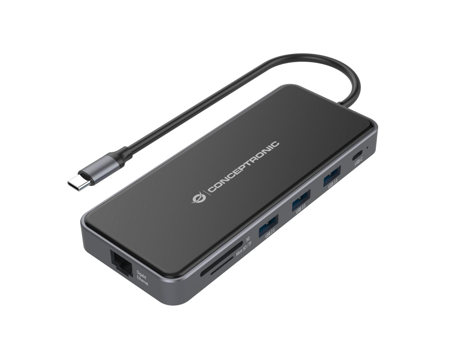 Un hub USB-C grigio con logo Conceptronic, porte Ethernet, SD, Micro SD, USB 2.0 e USB 3.0.