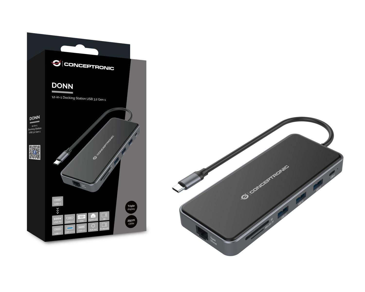 Hub di docking nero Conceptronic 12-in-1 con cavo USB-C, porte multiple e logo.