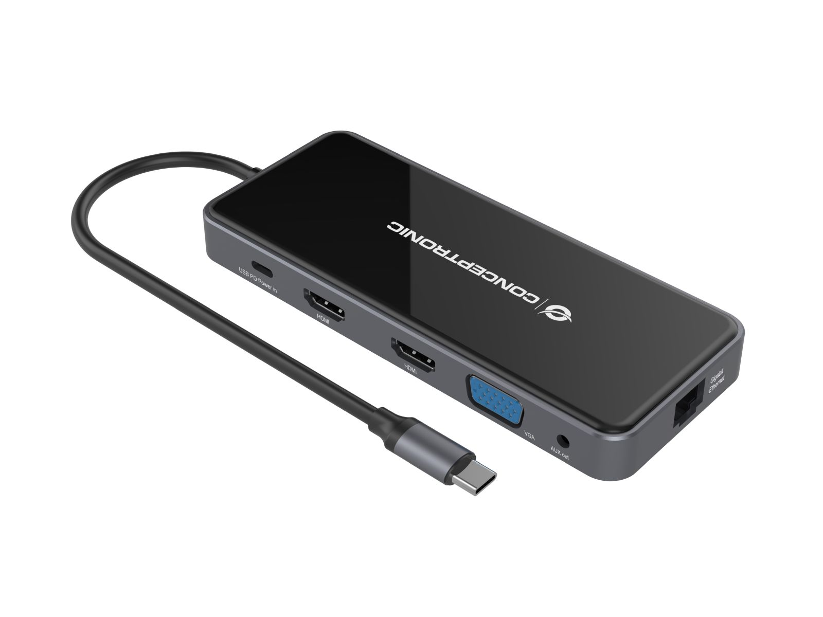 Un hub USB-C nero con porte HDMI, VGA, alimentazione USB-C e Ethernet.