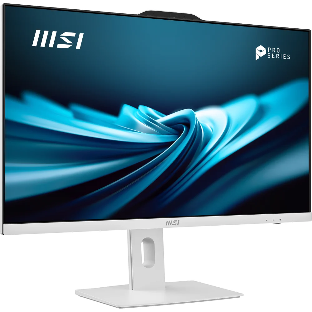 Ekranında mavi soyut arka plan gösteren beyaz bir MSI monitör.