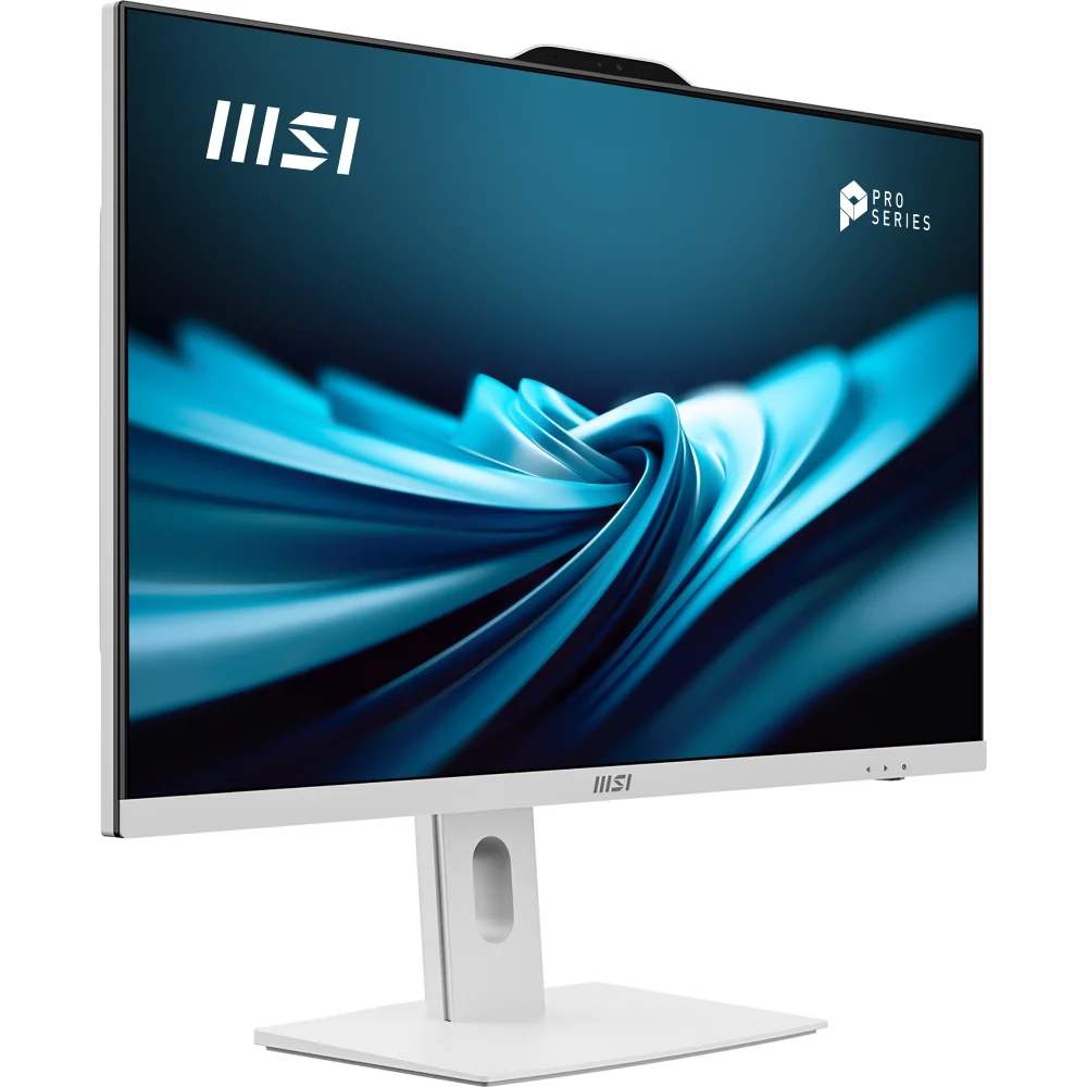 Ekranında soyut mavi dalgalar bulunan beyaz MSI Pro Series monitör.