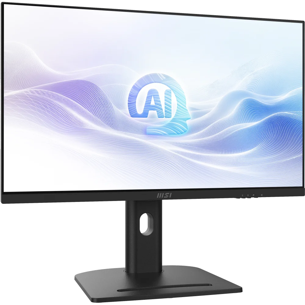 Ekranında stilize edilmiş bir yapay zeka simgesi gösteren siyah MSI monitör.