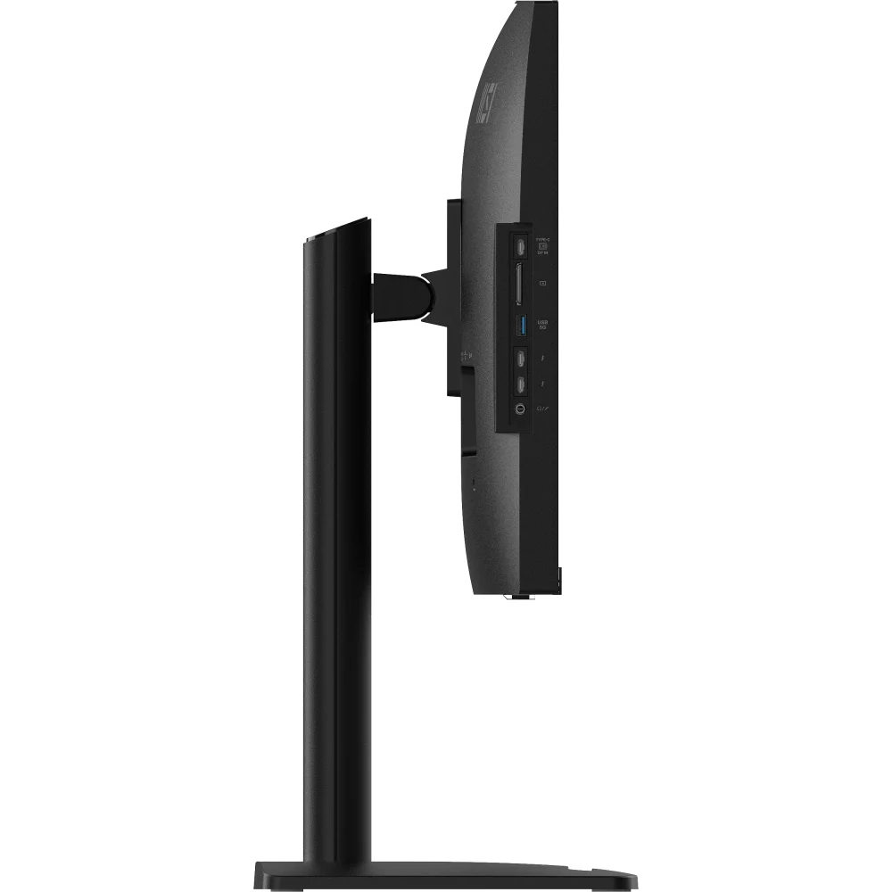 Siyah monitör yan görünüm portlar: USB, HDMI, güç düğmesi. Ayak üzerinde.