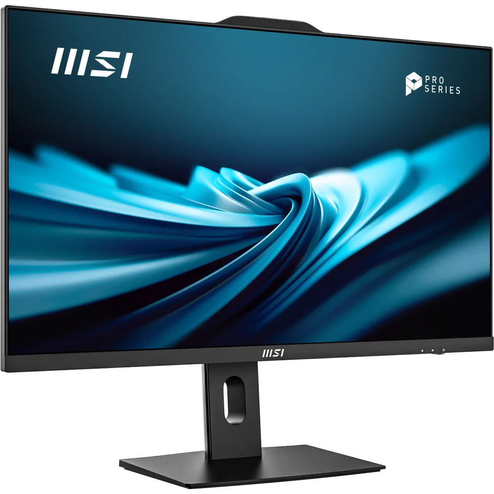 Standında soyut mavi arka plana sahip siyah bir MSI monitör.