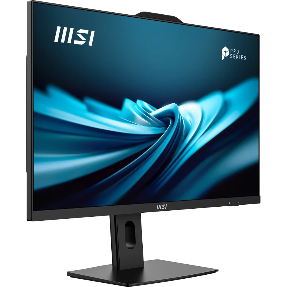 MSI logosu ve mavi soyut duvar kağıdı gösteren siyah bir MSI monitör.