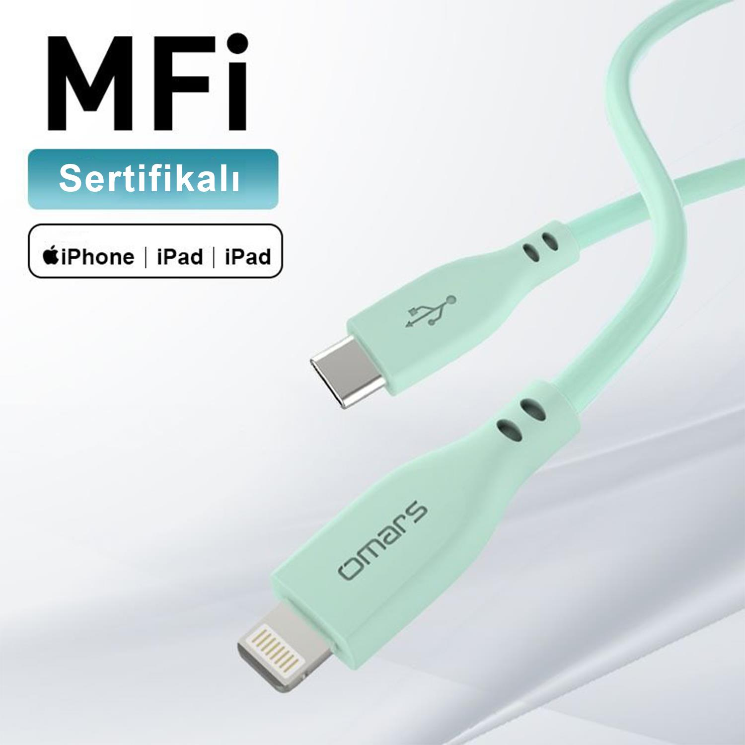 Nane yeşili MFi sertifikalı, USB-C ve Lightning konektörlü kablo.