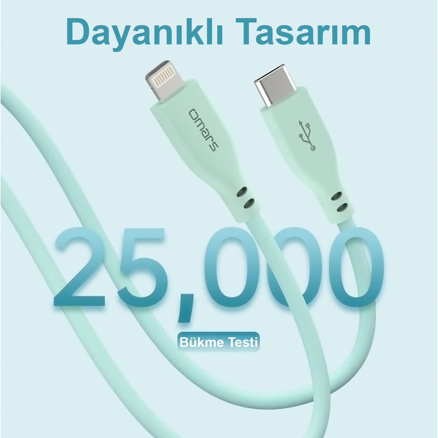 Lightning ve USB-C konnektörlü iki nane yeşili şarj kablosu. 25.000 bükülme.