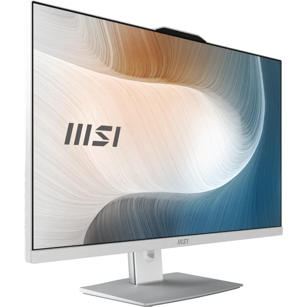 Üstünde web kamerası bulunan soyut duvar kağıtlı beyaz MSI monitör.