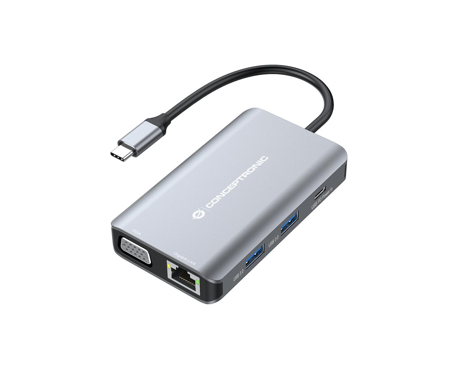 Hub USB-C argento con porte VGA, LAN e USB 3.0.