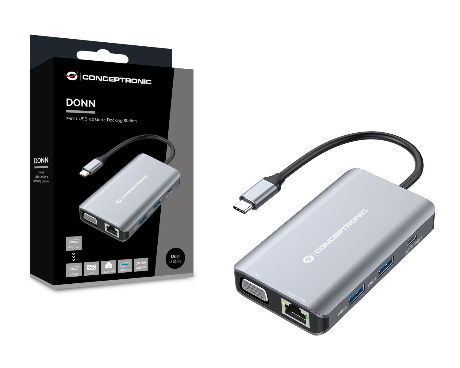 Docking station USB-C argento 7 in 1 con porte VGA, LAN e USB.