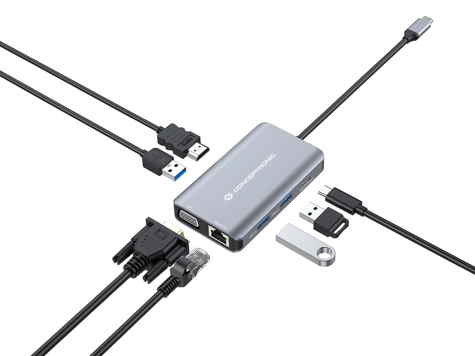 Hub USB-C grigio con porte HDMI, VGA, LAN, USB-A e cavo USB-C.