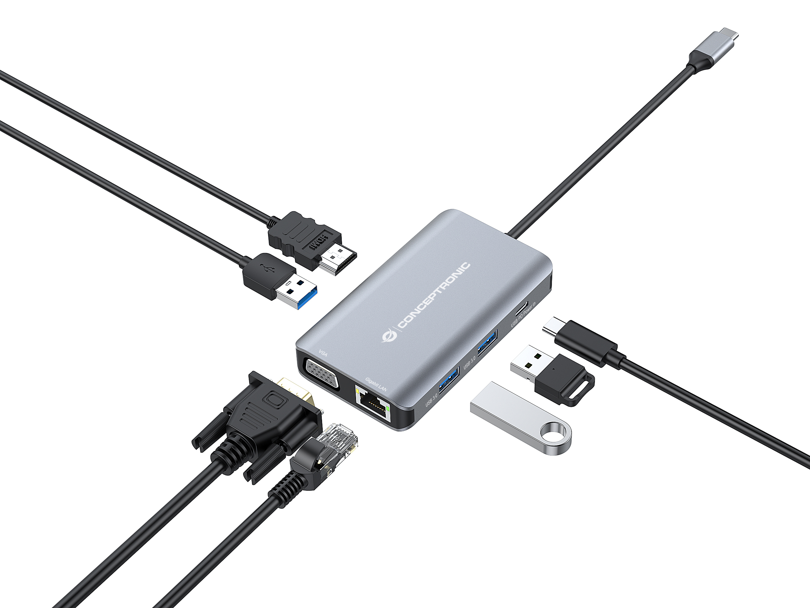 Adattatore grigio con porte: USB-C, HDMI, VGA, LAN, USB-A e chiavetta USB.