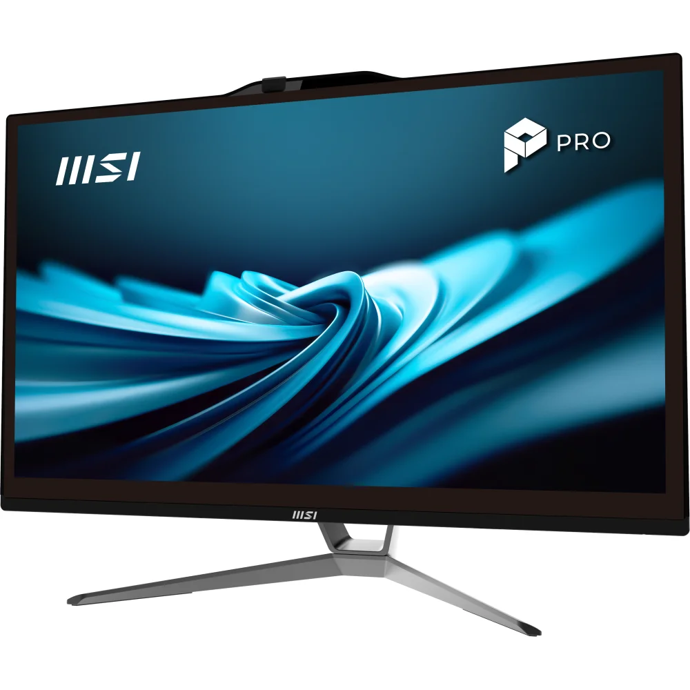 Mavi arka planlı ve gümüş ayaklı modern bir MSI Pro hepsi bir arada bilgisayar.