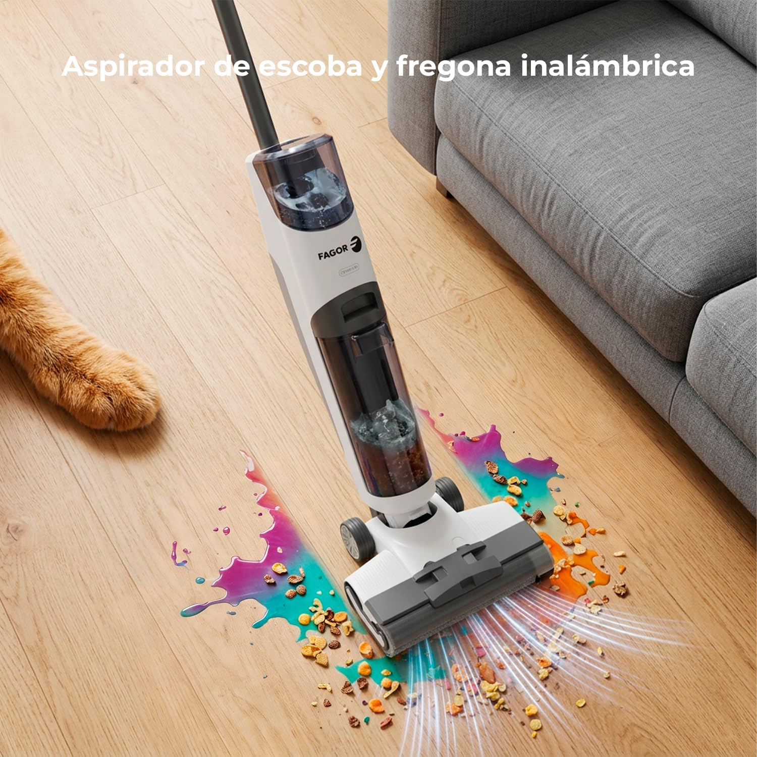 Una aspiradora escoba inalámbrica succiona líquidos derramados y migas.
