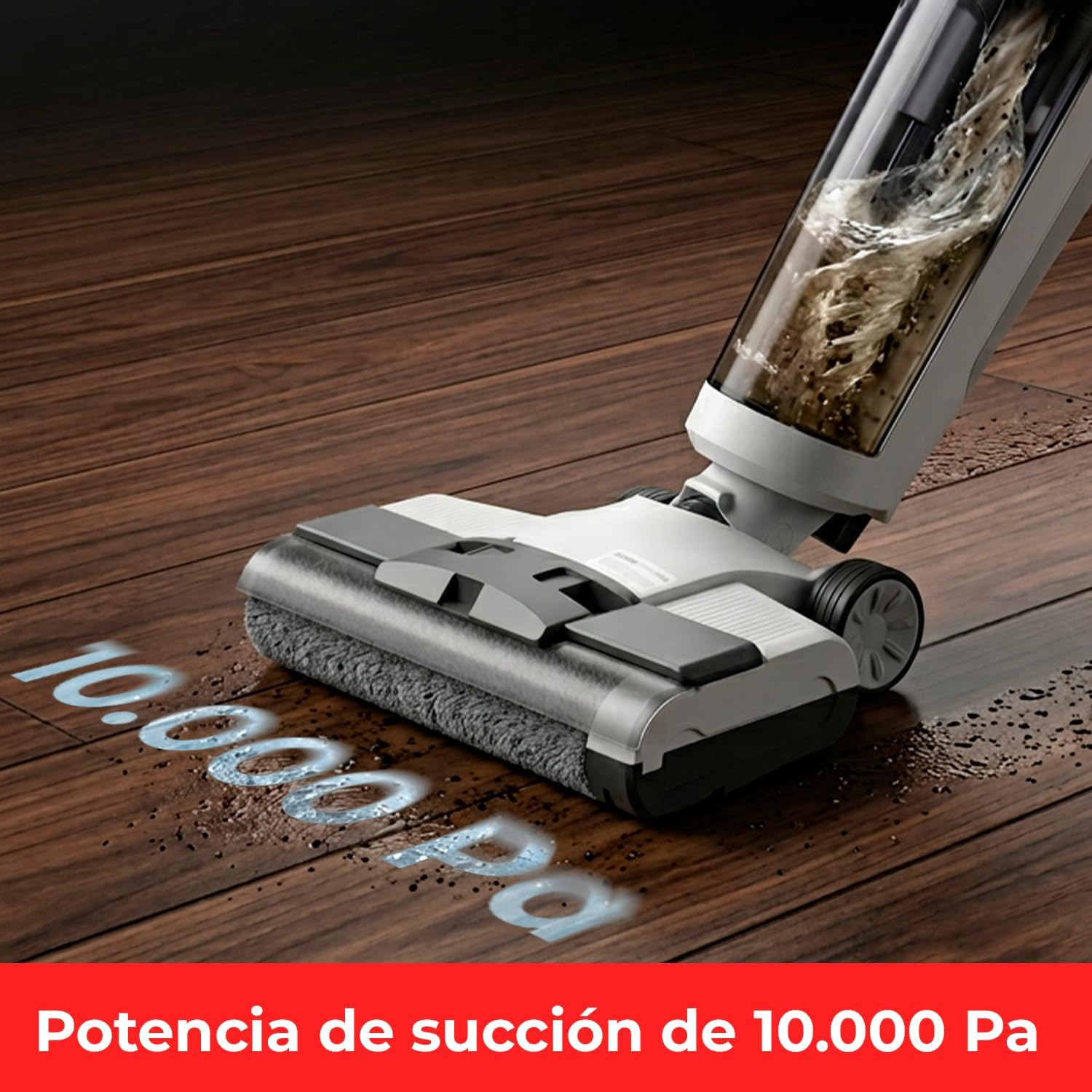 Limpiador de suelos con fuerte succión en suelo de madera, muestra 10.000 Pa.
