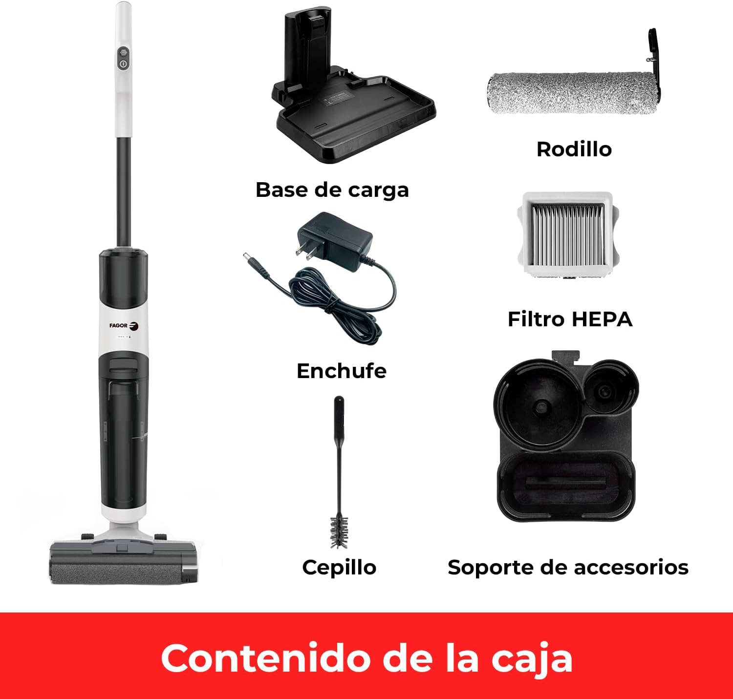 Una aspiradora inalámbrica con accesorios: base de carga, rodillo, filtro, enchufe, cepillo.
