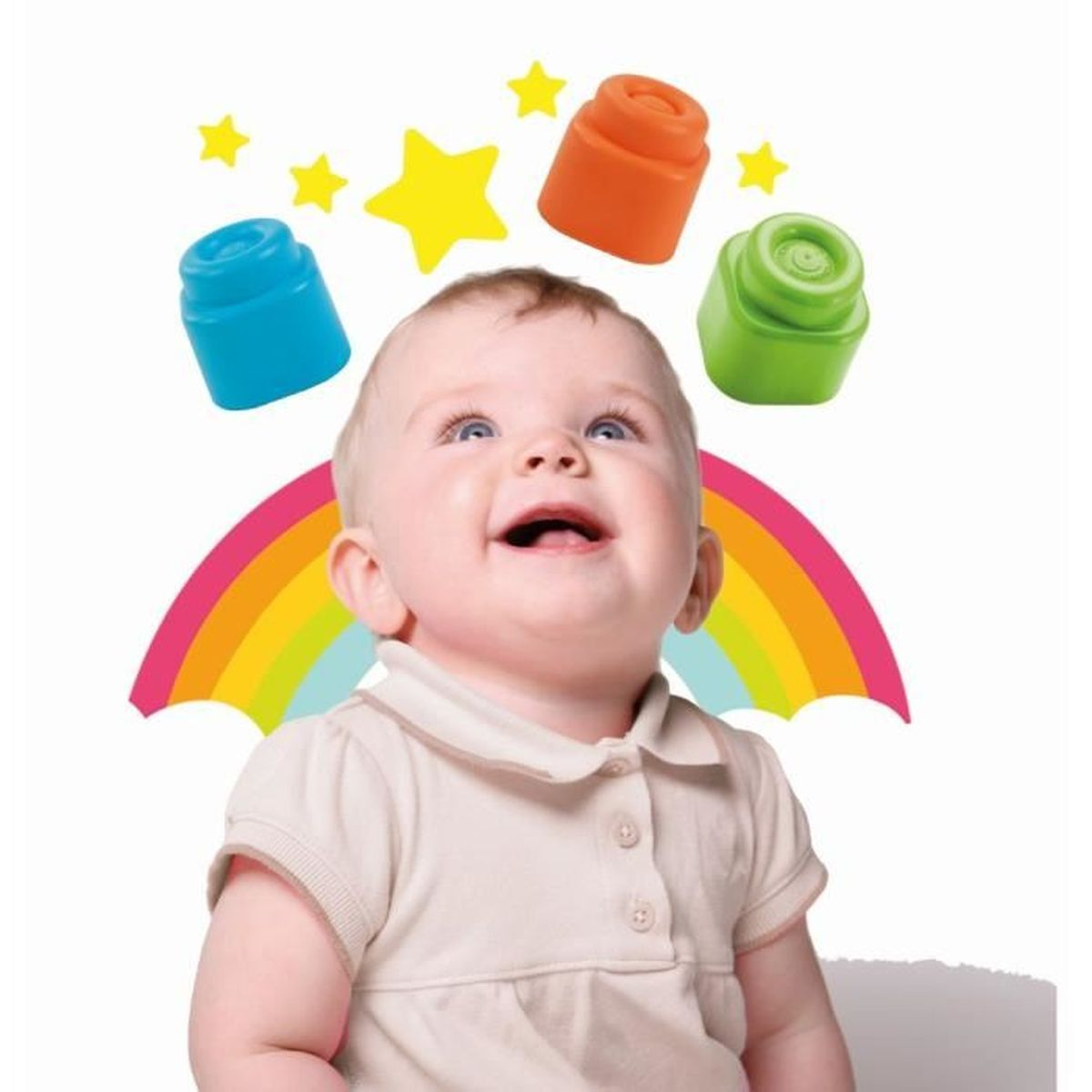 Un bambino ride sotto un arcobaleno con blocchi colorati e stelle.