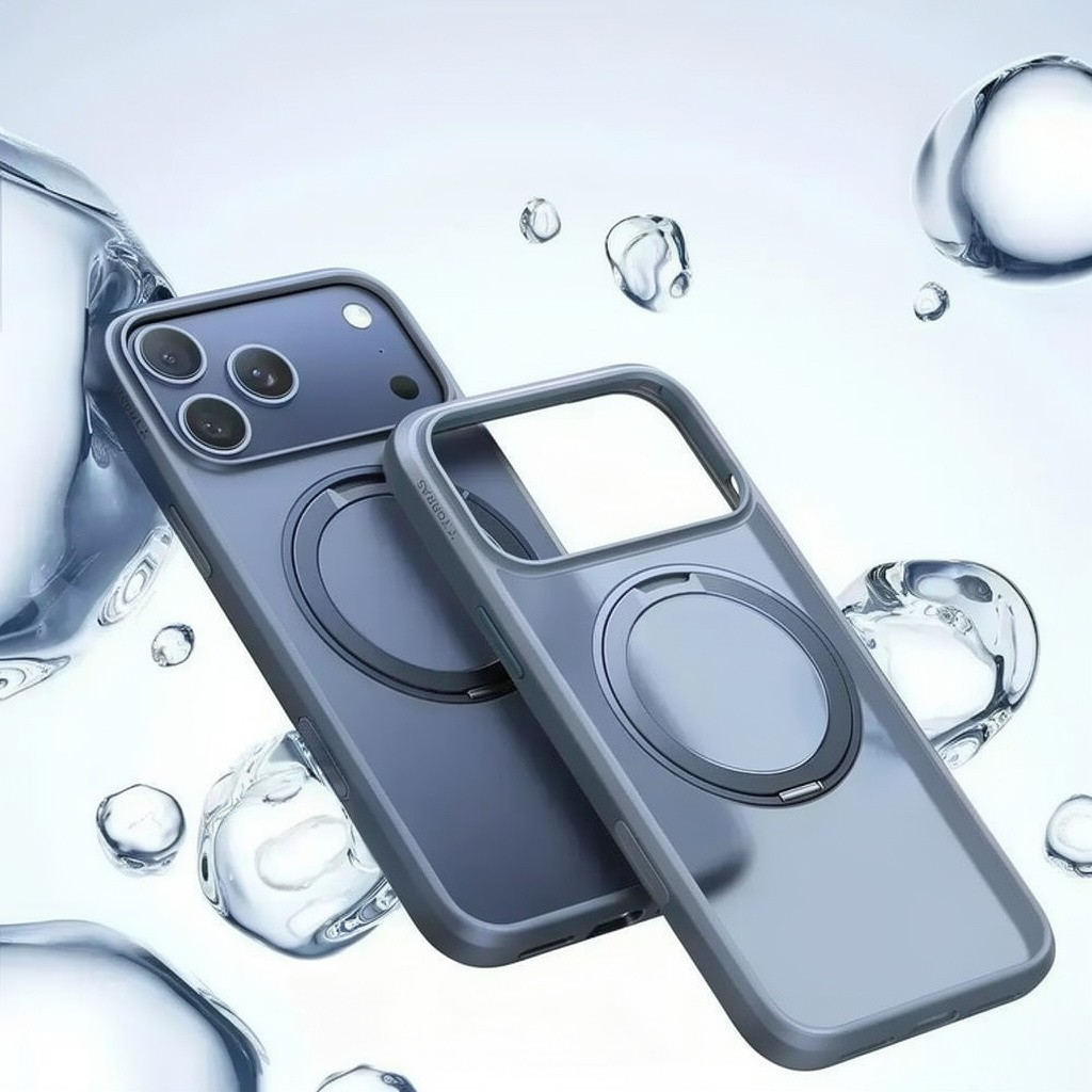 Dos fundas de teléfono grises con anillos magnéticos sobre fondo azul con gotas de agua.